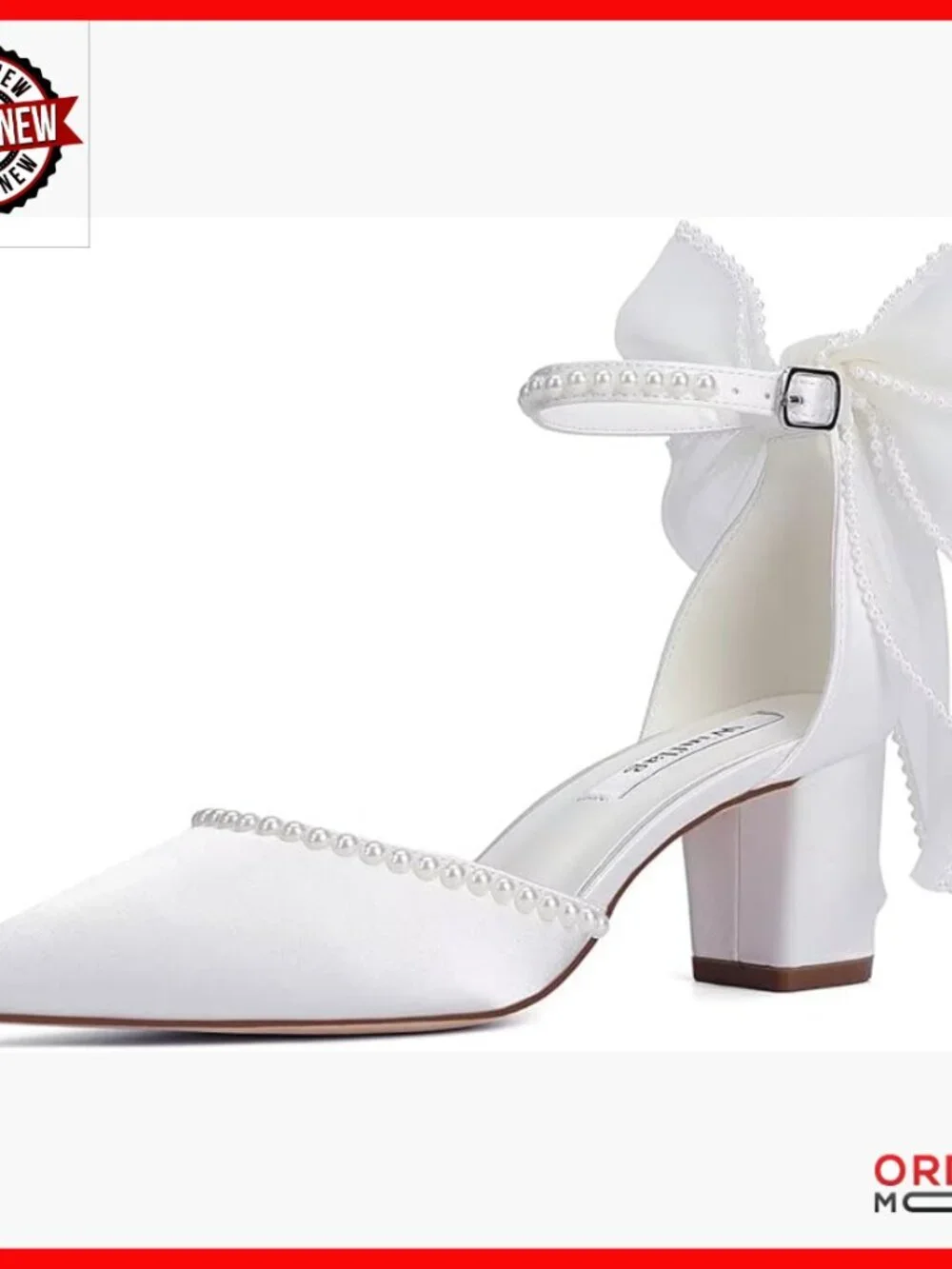 White Satin Block Heel Wedding Pumps with Pearl Ankle Strap and Bow